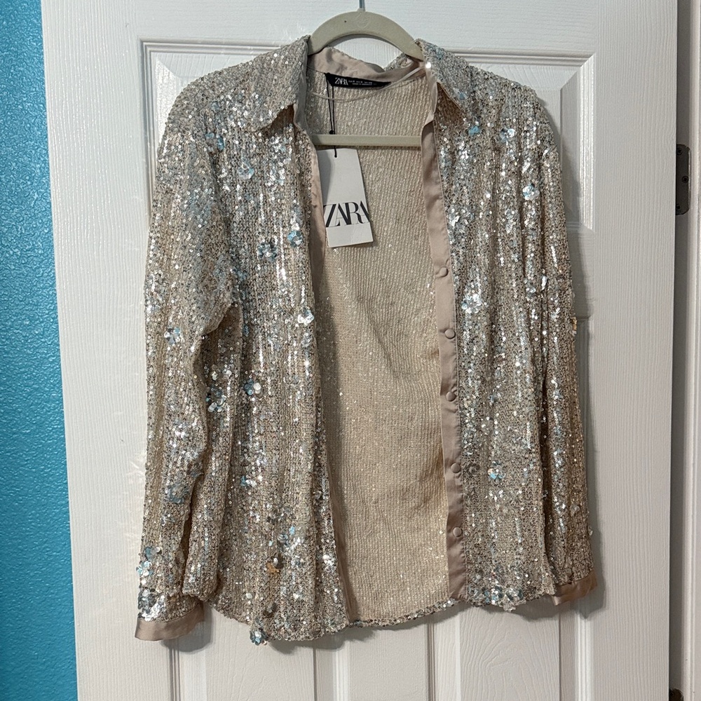 Zara Women's Sparkling Sequin Beige Shirt